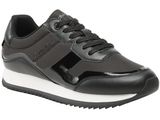 a close up of a black and white sneaker on a white background