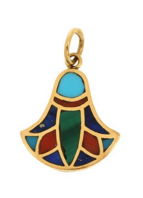 an image of a gold pendant with a multicolored design