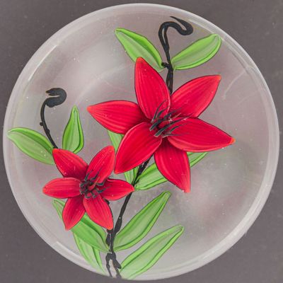 une plaque de verre sur laquelle est représentée une fleur rouge