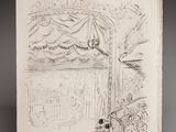 an old book with a drawing of a man sitting on a bench in front of a lake