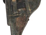 an old leather holster with a metal buckle on a white background