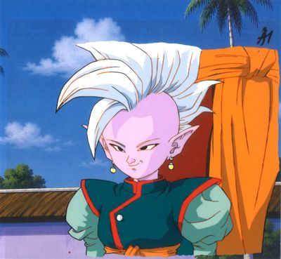 Gohan de Dragon Ball, vêtu d'une tenue verte et rouge, debout devant un immeuble