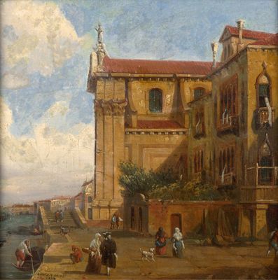 tableau représentant une vue de ville avec des personnages et des animaux devant un bâtiment
