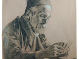 drawing of an old man sitting at a table with a cup in his hand