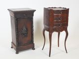 pair of antique carved wood nightstands with drawers on stands
