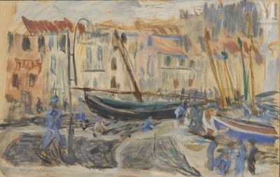 un tableau représentant un bateau dans un port, avec des gens qui s'y promènent