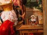 a painting of a woman and a child sitting on a bench