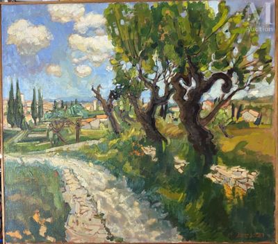une peinture à l'huile représentant une route de campagne avec des arbres au premier plan