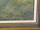 an oil painting of sheep grazing in a green field with trees in the background