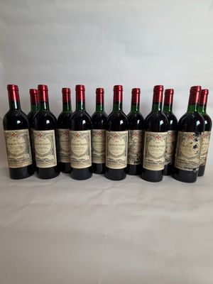 six bottles of red wine lined up in a row