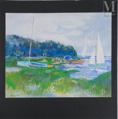 a painting of boats on the water near the shore