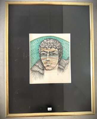 framed drawing of a woman ' s face in a blue hat