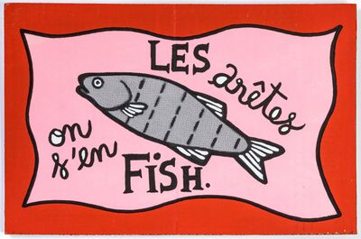a red and white sign with a fish on it