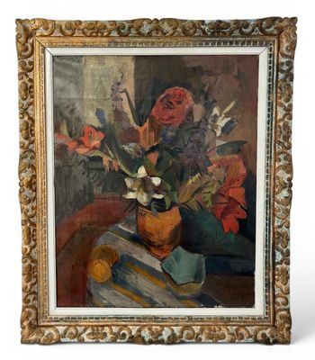 peinture d'un vase de fleurs dans un cadre doré sur fond blanc
