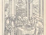 un dessin en noir et blanc représentant un groupe de personnes assises autour d'une table