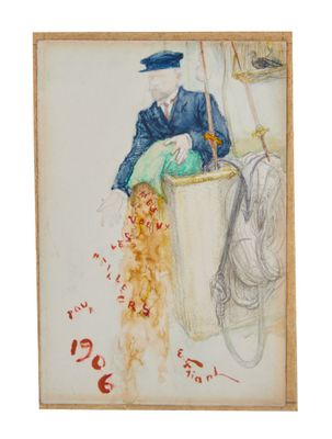 une image représentant un tableau d'un homme en costume bleu et chapeau
