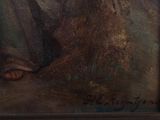an oil painting of a man sitting on a bench with his feet on the ground