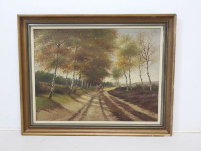 an oil painting of a dirt road with trees in the background