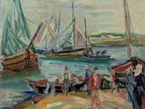 peinture d'un groupe de personnes se tenant sur une plage près d'une étendue d'eau