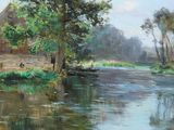 an oil painting of a river with a house in the background