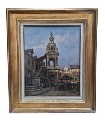 une peinture à l'huile représentant un bâtiment avec une tour horloge en arrière-plan