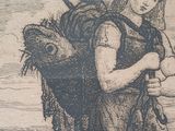 a drawing of a woman carrying a bag on her back