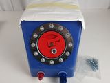 an image of a blue and red clock on a white table