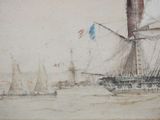 a painting of a ship in the water with other boats