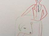 drawing of a man in a suit and tie standing next to a bear