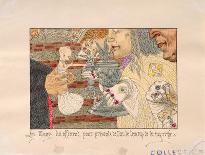 un dessin représentant un groupe de personnes accompagnées de chats