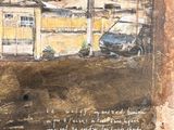 a picture of a painting of a building with a car parked in front of it