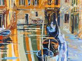 a painting of a boat in the water next to a building