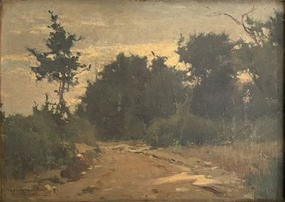 l'image d'une peinture représentant un chemin de terre avec des arbres en arrière-plan