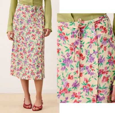 two photos of a woman wearing a skirt and a green cardigan