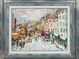 an oil painting of a horse drawn carriage on a snowy street