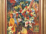 une image représentant un tableau où l'on voit une femme et un enfant devant un vase de fleurs