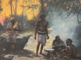 a painting of a group of people sitting around a campfire