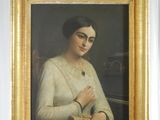 tableau représentant une femme en robe blanche tenant une canne