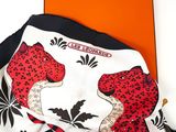 leopard print silk scarf in black and white with red and black leopards