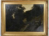 une peinture à l'huile représentant un oiseau survolant une rivière au milieu d'une zone boisée