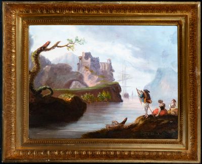 an oil painting of a man and woman fishing on a river with a castle in the background