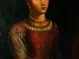 a painting of a woman in a red dress sitting at a table