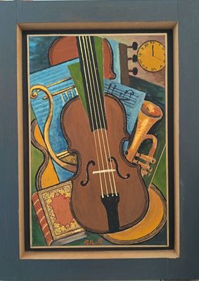 une photo d'un tableau représentant un violon et des instruments de musique