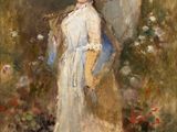 painting of a woman in a white dress and hat holding an umbrella