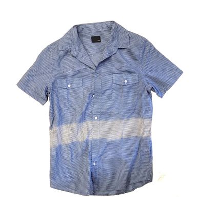 blue and white shirt on a white background with a black and white stripe
