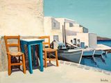 un tableau représentant deux chaises et une table au bord de l'eau