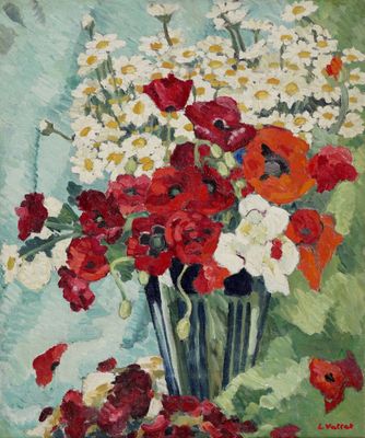 peinture représentant des fleurs rouges et blanches dans un vase posé sur une table