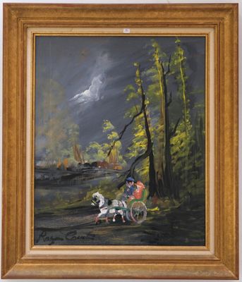 une peinture à l'huile représentant un homme dans une calèche tirée par des chevaux, dans les bois