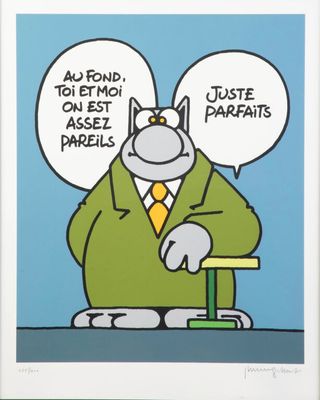 une image représentant un chat en costume, assis à un bureau, dans un dessin animé
