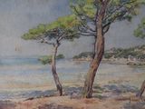 a painting of some trees by the water